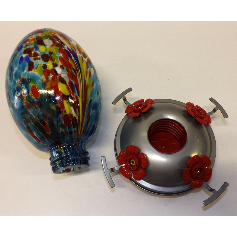 Muse Garden Hand-Blown Glass Hummingbird Feeder Multicolor Red Flower Ports - Picture 7 of 11